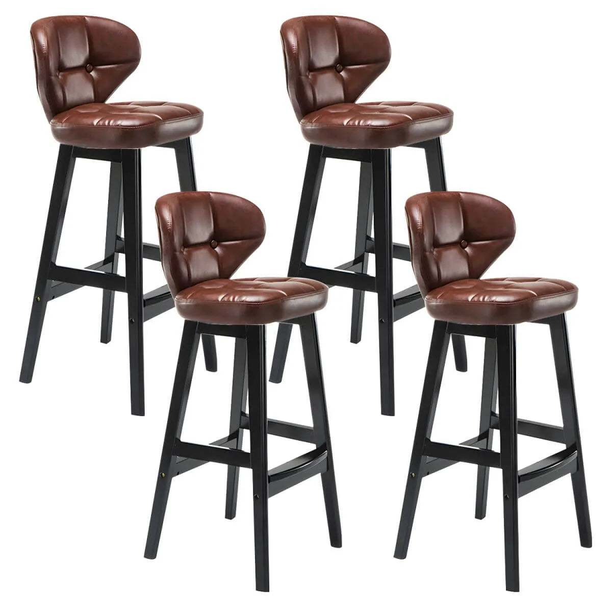 Tufted Leather Bar Stool with Low Curved Back and X-Brace Wood Legs