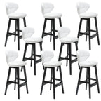 Tufted Leather Bar Stool with Low Curved Back and X-Brace Wood Legs