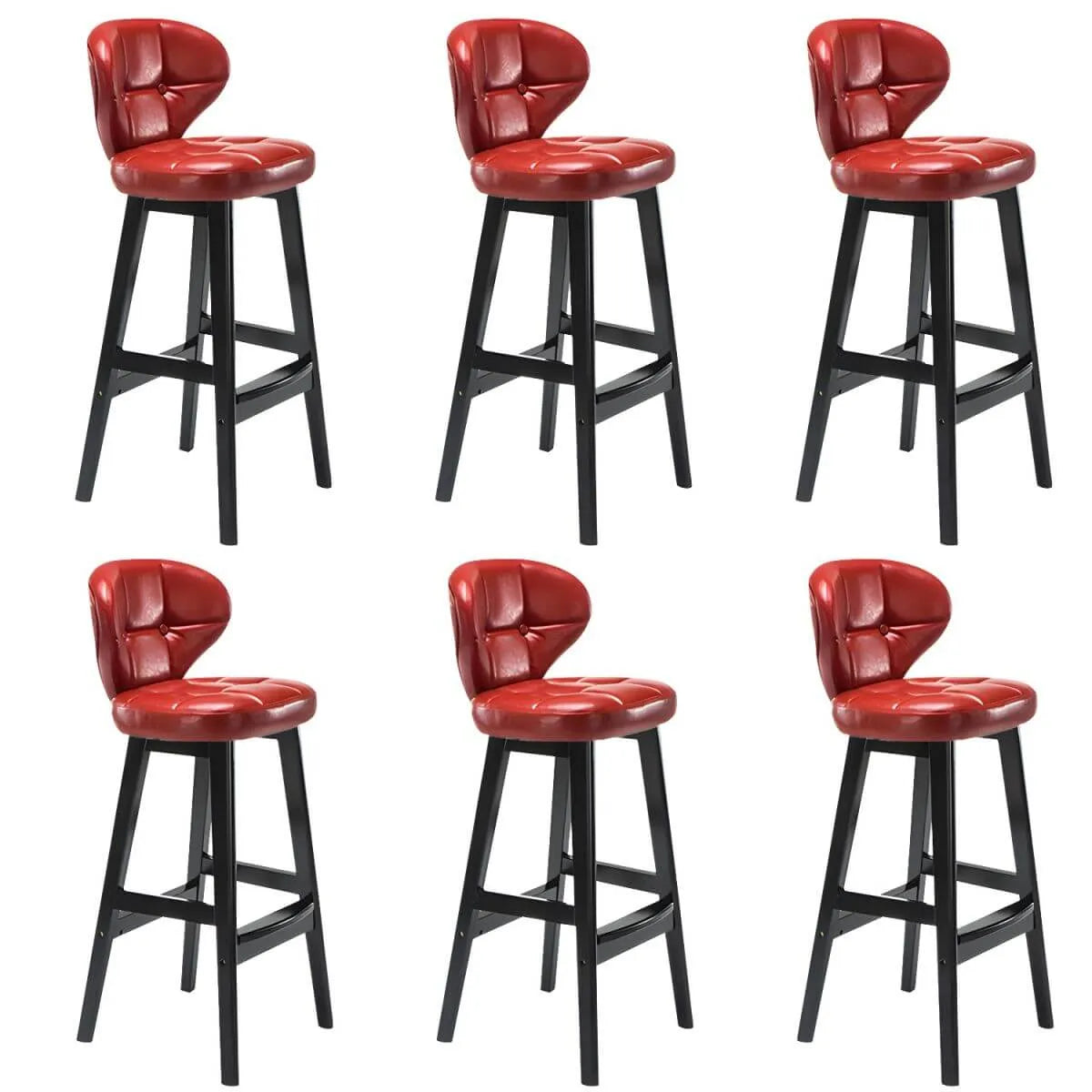 Tufted Leather Bar Stool with Low Curved Back and X-Brace Wood Legs