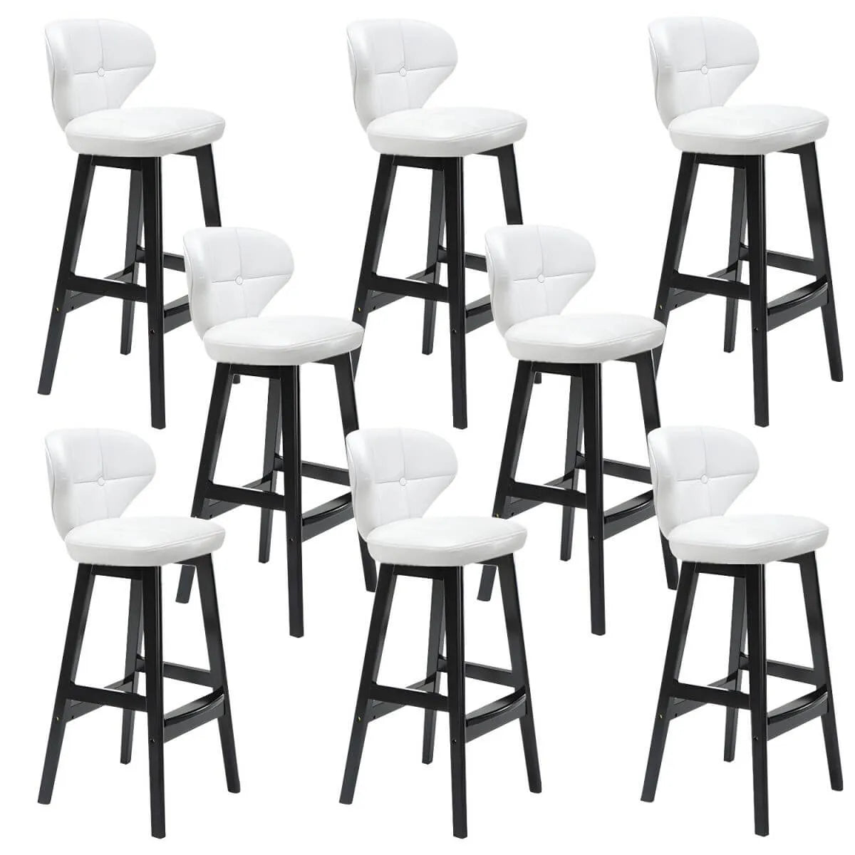 Tufted Leather Bar Stool with Low Curved Back and X-Brace Wood Legs