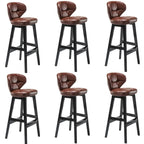 Tufted Leather Bar Stool with Low Curved Back and X-Brace Wood Legs