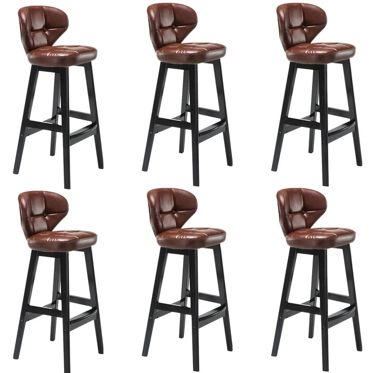 Tufted Leather Bar Stool with Low Curved Back and X-Brace Wood Legs