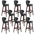 Tufted Leather Bar Stool with Low Curved Back and X-Brace Wood Legs