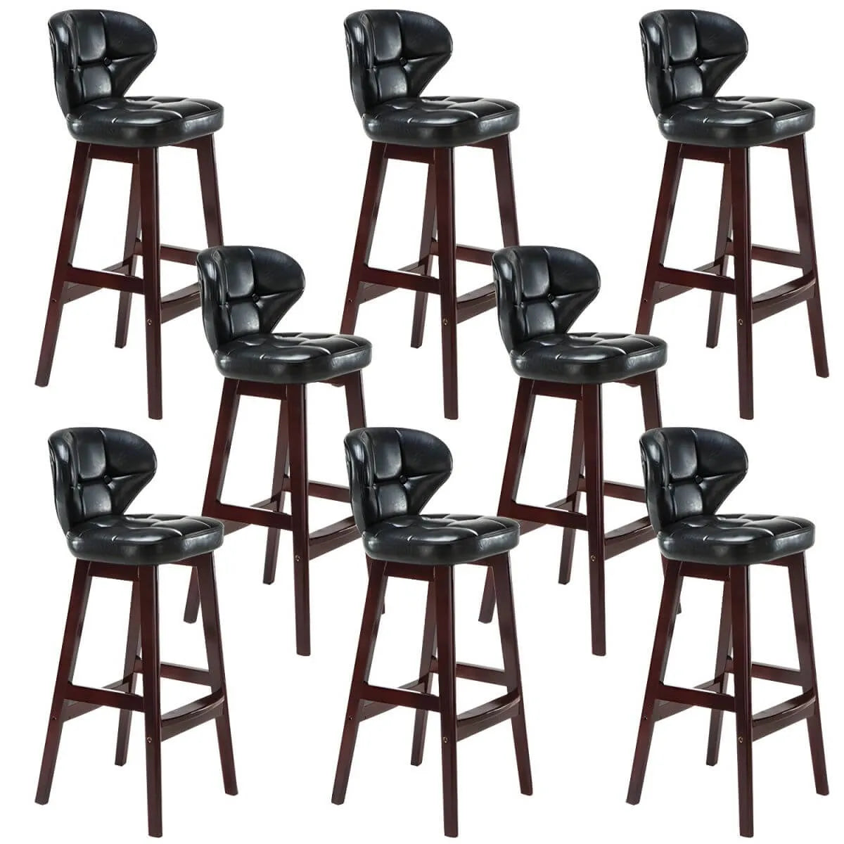 Tufted Leather Bar Stool with Low Curved Back and X-Brace Wood Legs