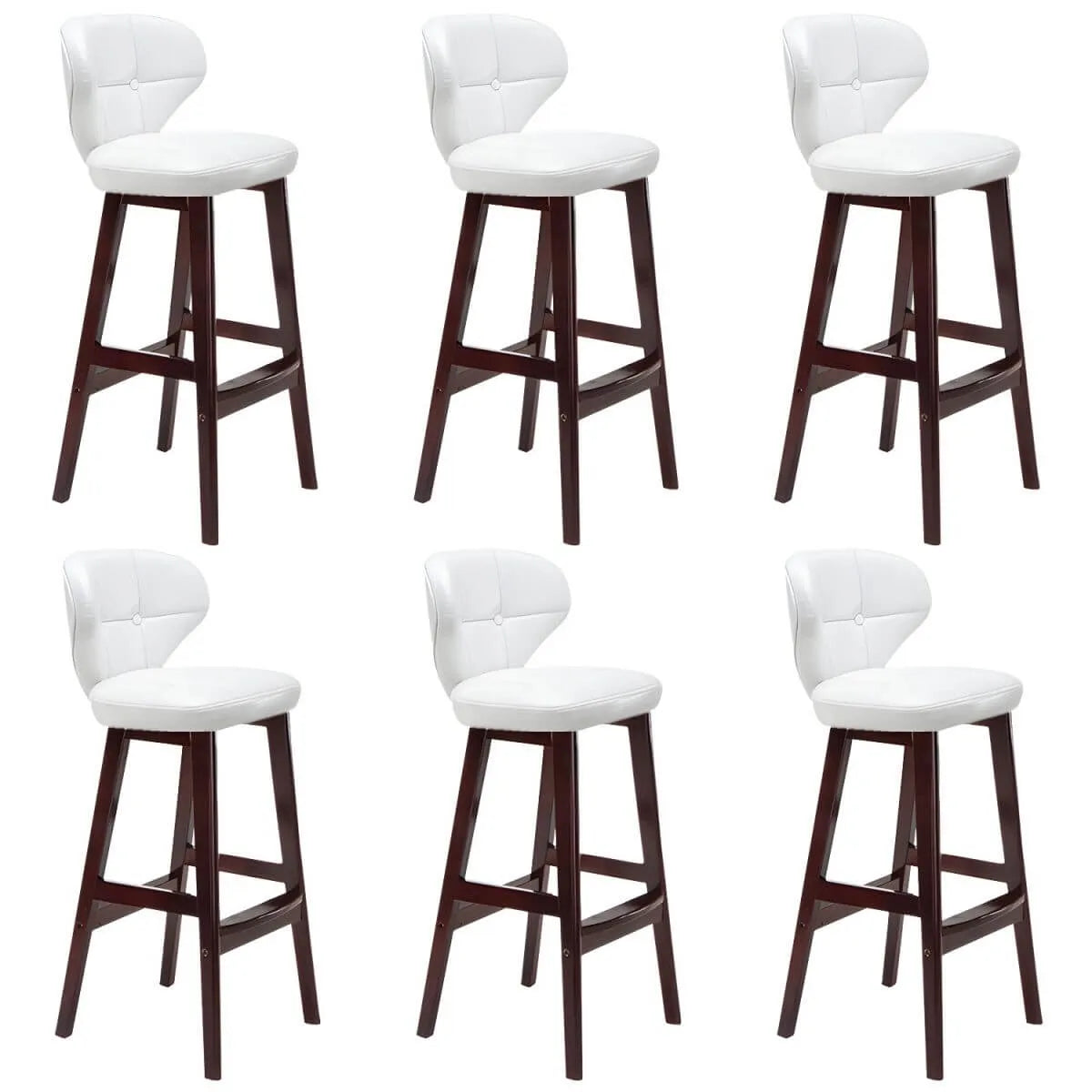 Tufted Leather Bar Stool with Low Curved Back and X-Brace Wood Legs