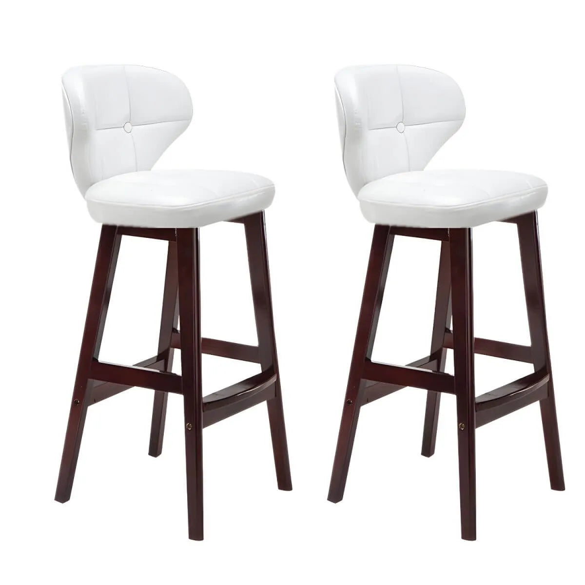 Tufted Leather Bar Stool with Low Curved Back and X-Brace Wood Legs