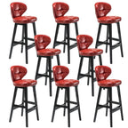 Tufted Leather Bar Stool with Low Curved Back and X-Brace Wood Legs