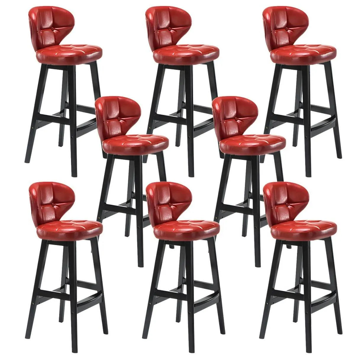 Tufted Leather Bar Stool with Low Curved Back and X-Brace Wood Legs