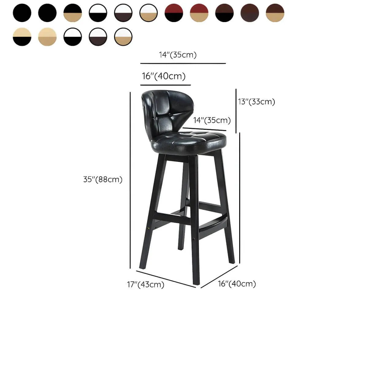 Tufted Leather Bar Stool with Low Curved Back and X-Brace Wood Legs