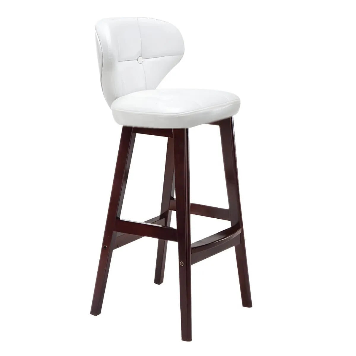 Tufted Leather Bar Stool with Low Curved Back and X-Brace Wood Legs