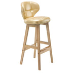 Tufted Leather Bar Stool with Low Curved Back and X-Brace Wood Legs