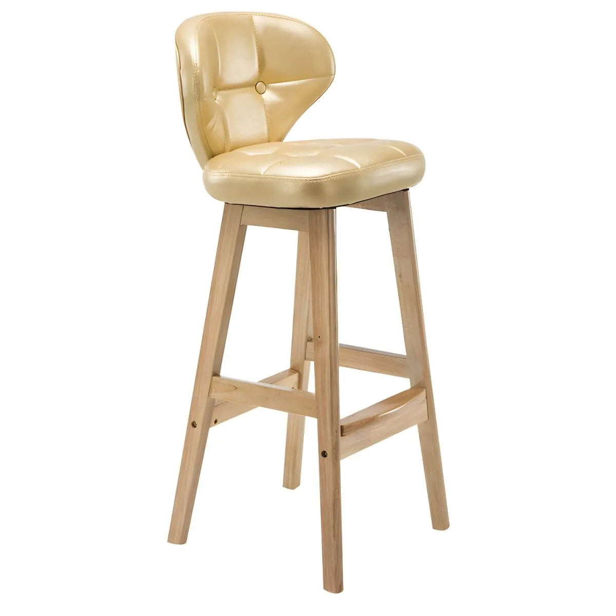 Tufted Leather Bar Stool with Low Curved Back and X-Brace Wood Legs