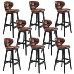 Tufted Leather Bar Stool with Low Curved Back and X-Brace Wood Legs
