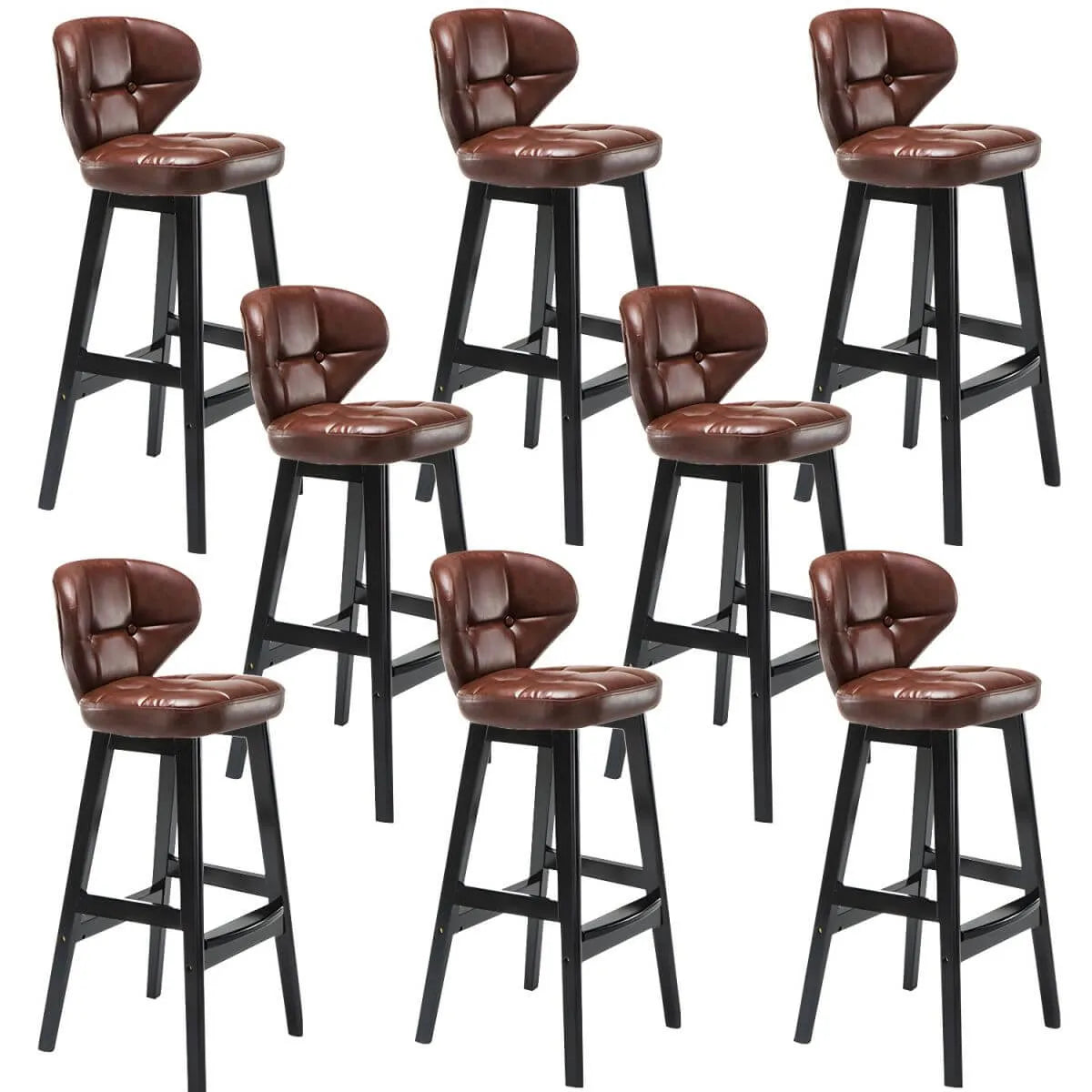 Tufted Leather Bar Stool with Low Curved Back and X-Brace Wood Legs