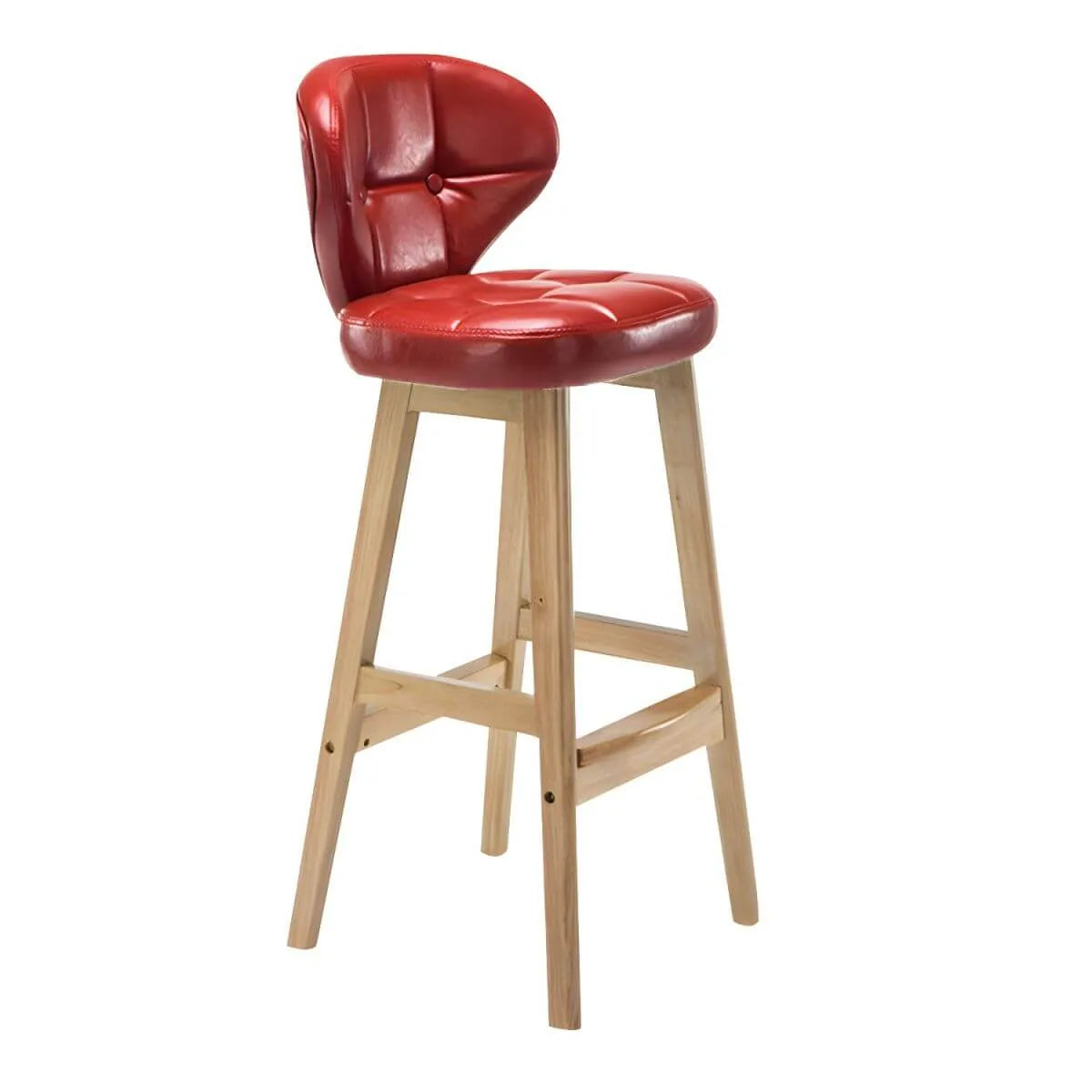 Tufted Leather Bar Stool with Low Curved Back and X-Brace Wood Legs