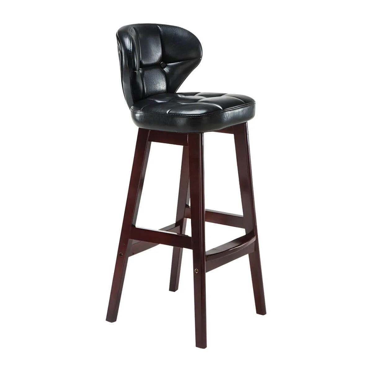 Tufted Leather Bar Stool with Low Curved Back and X-Brace Wood Legs
