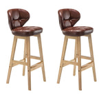 Tufted Leather Bar Stool with Low Curved Back and X-Brace Wood Legs
