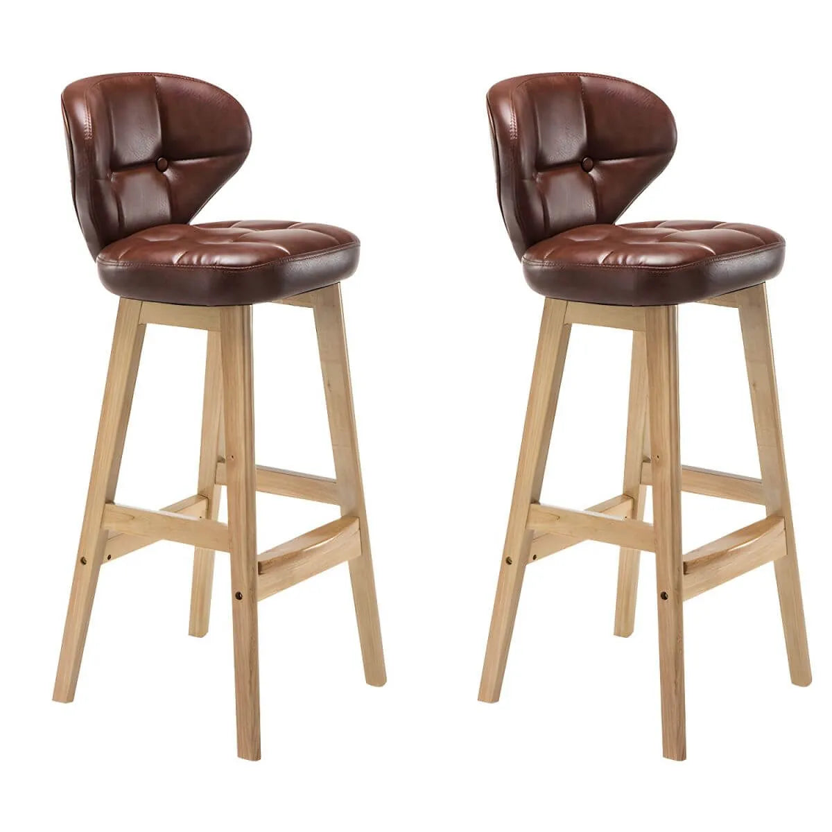 Tufted Leather Bar Stool with Low Curved Back and X-Brace Wood Legs