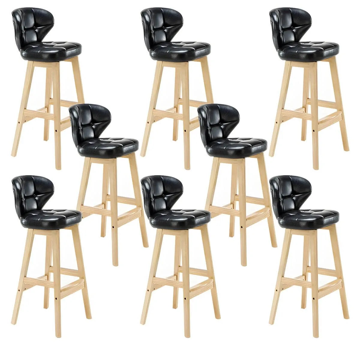 Tufted Leather Bar Stool with Low Curved Back and X-Brace Wood Legs