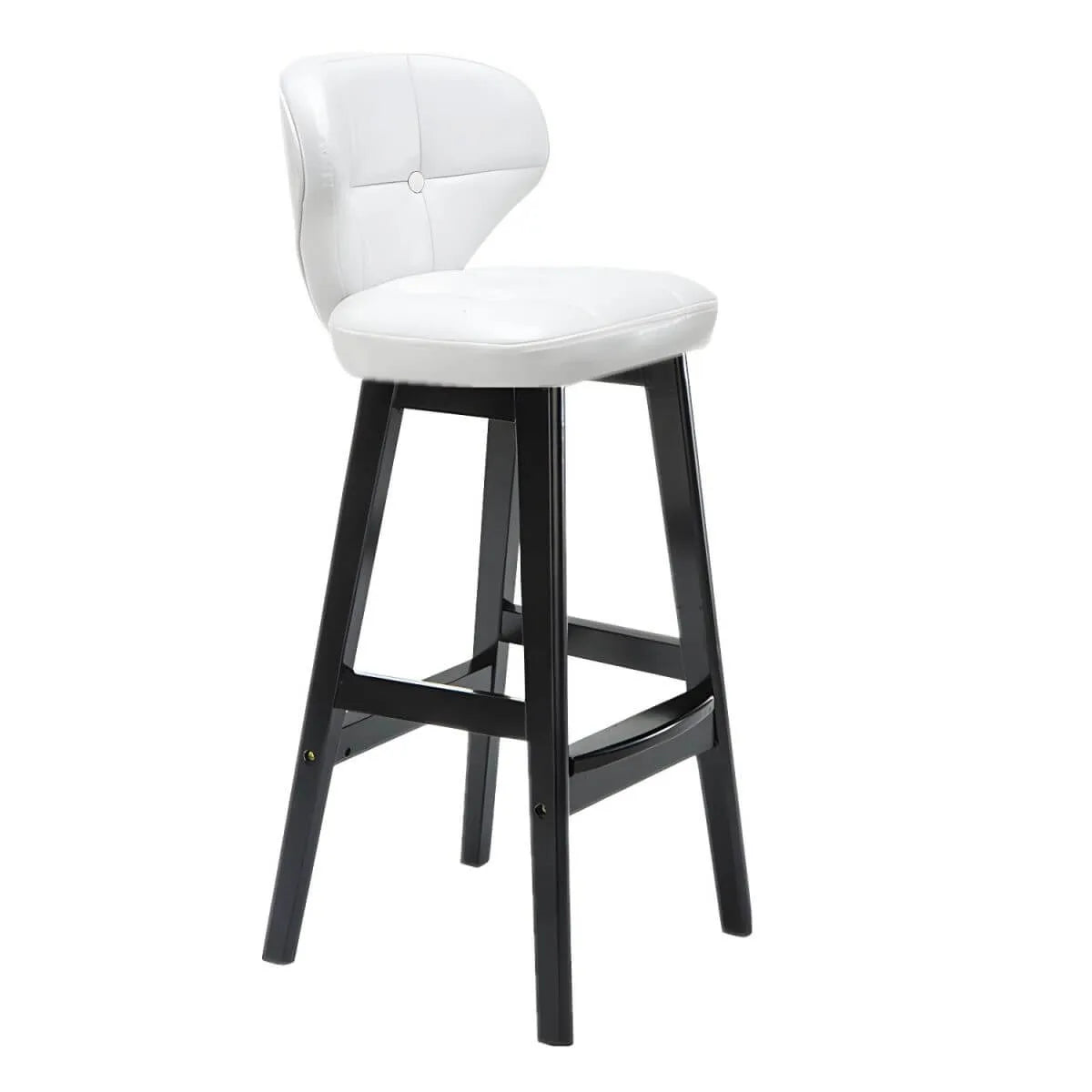 Tufted Leather Bar Stool with Low Curved Back and X-Brace Wood Legs