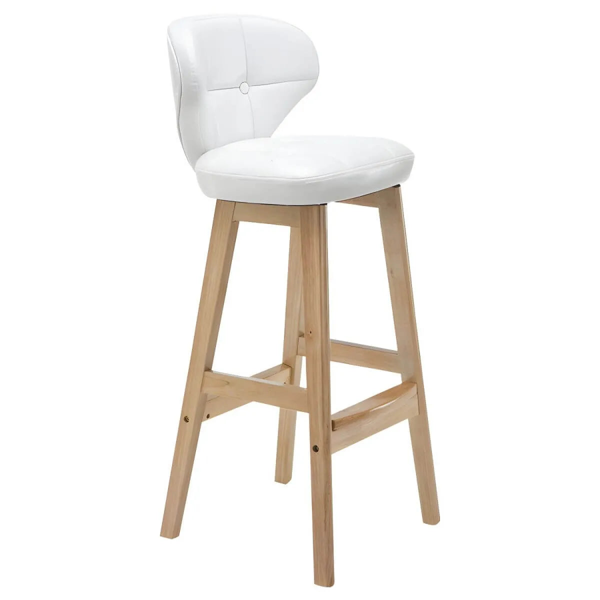 Tufted Leather Bar Stool with Low Curved Back and X-Brace Wood Legs