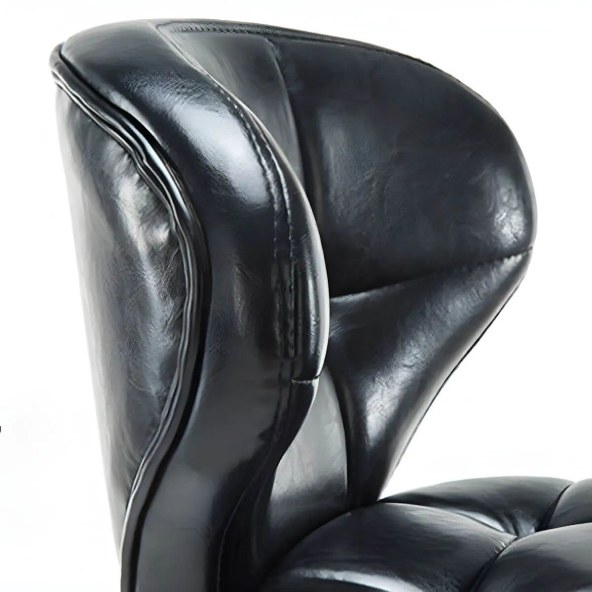 Tufted Leather Bar Stool with Low Curved Back and X-Brace Wood Legs
