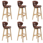 Tufted Leather Bar Stool with Low Curved Back and X-Brace Wood Legs