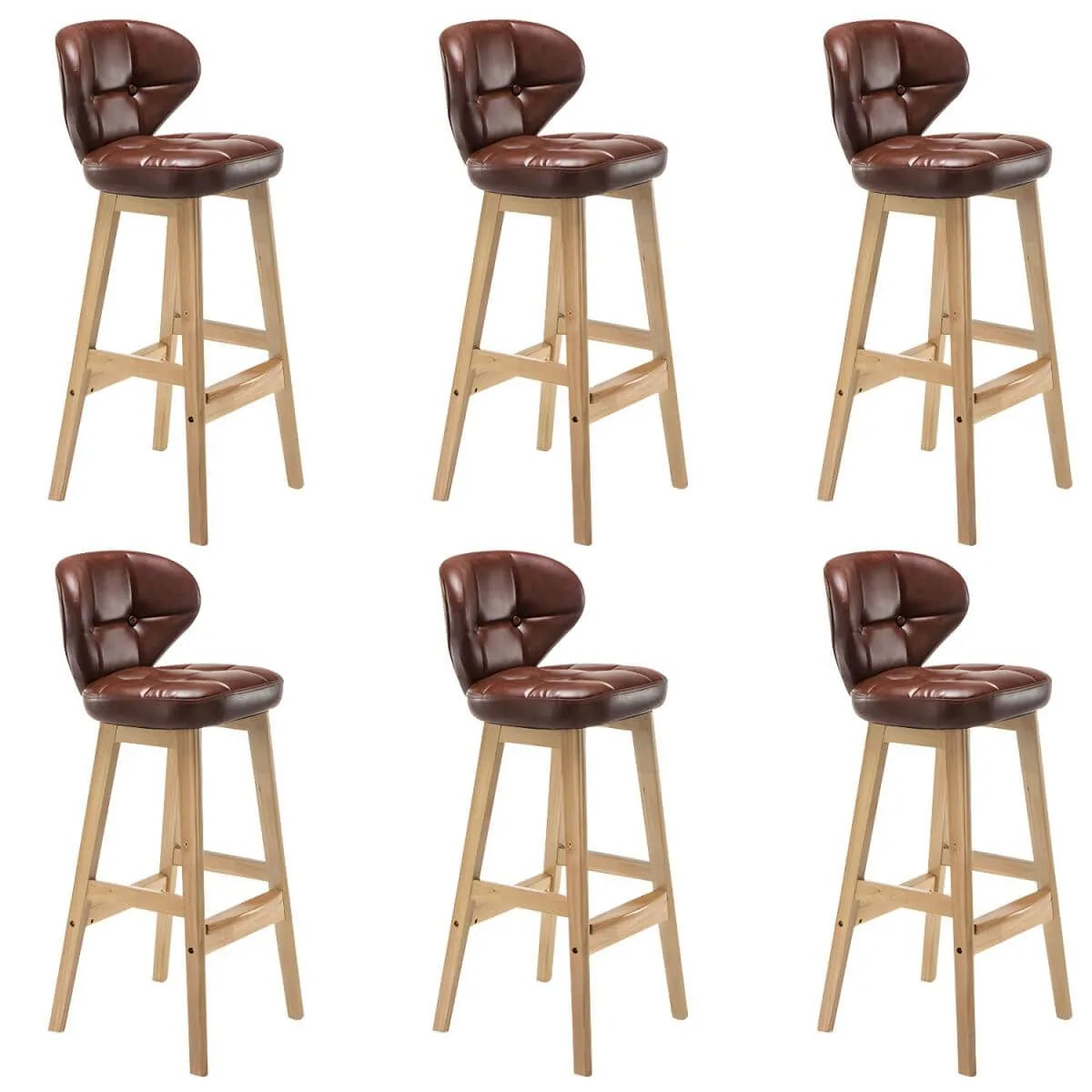 Tufted Leather Bar Stool with Low Curved Back and X-Brace Wood Legs