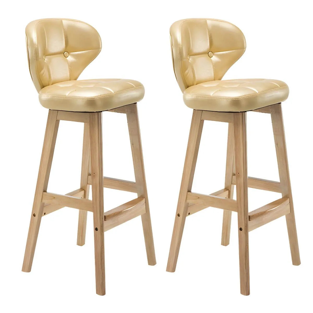 Tufted Leather Bar Stool with Low Curved Back and X-Brace Wood Legs