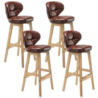 Tufted Leather Bar Stool with Low Curved Back and X-Brace Wood Legs