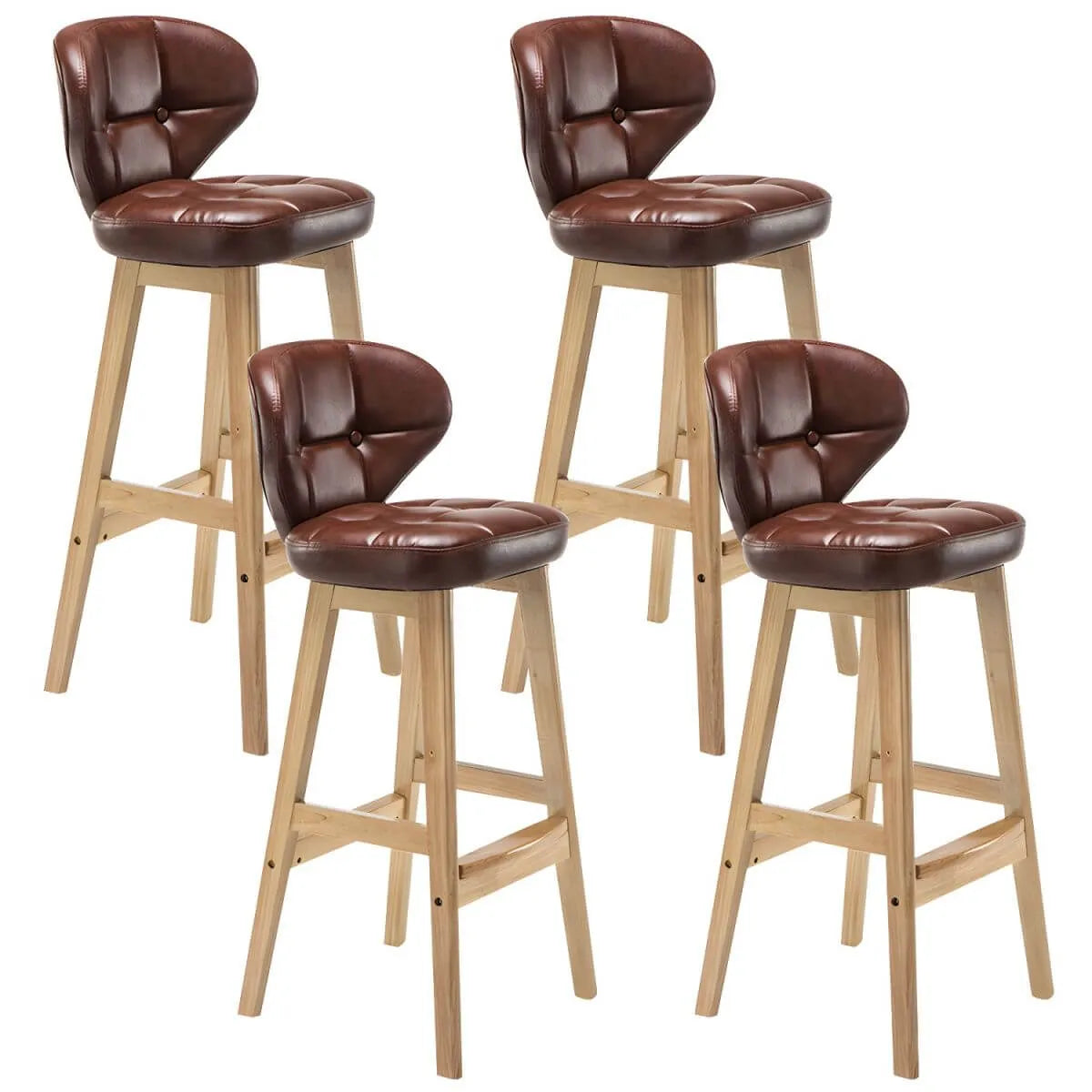 Tufted Leather Bar Stool with Low Curved Back and X-Brace Wood Legs