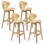 Tufted Leather Bar Stool with Low Curved Back and X-Brace Wood Legs