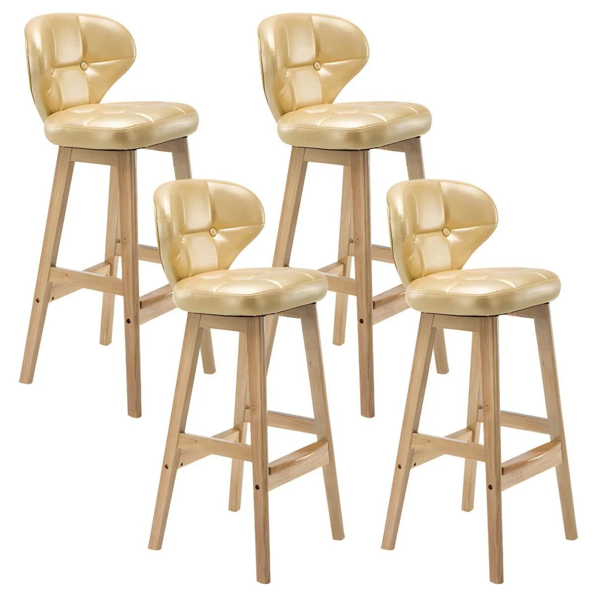 Tufted Leather Bar Stool with Low Curved Back and X-Brace Wood Legs