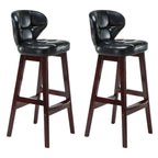 Tufted Leather Bar Stool with Low Curved Back and X-Brace Wood Legs