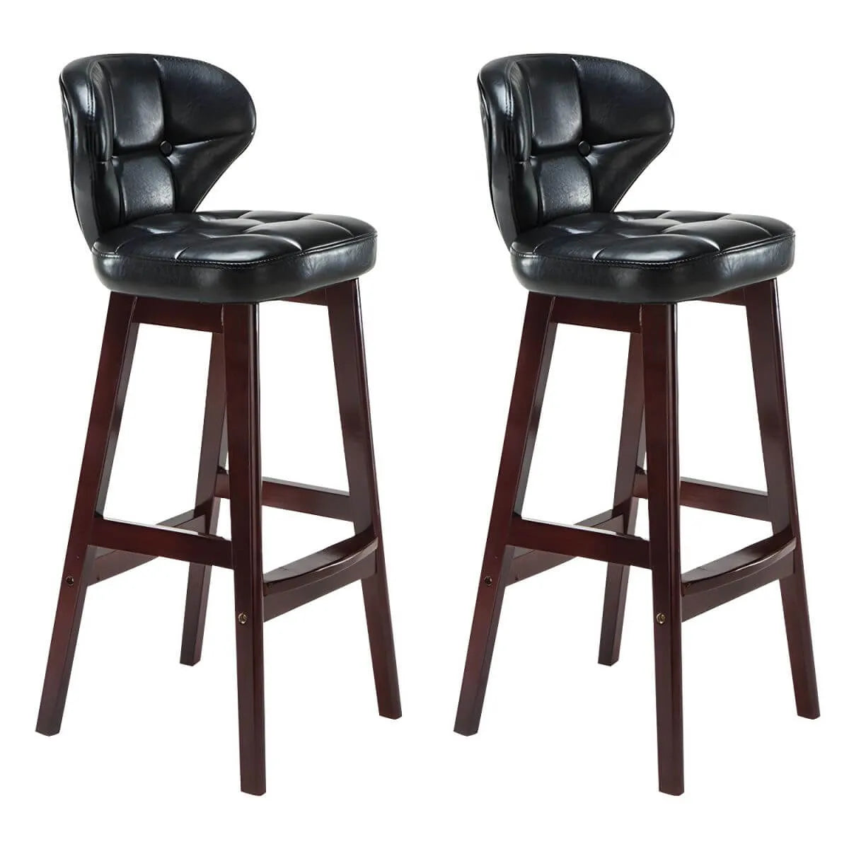 Tufted Leather Bar Stool with Low Curved Back and X-Brace Wood Legs