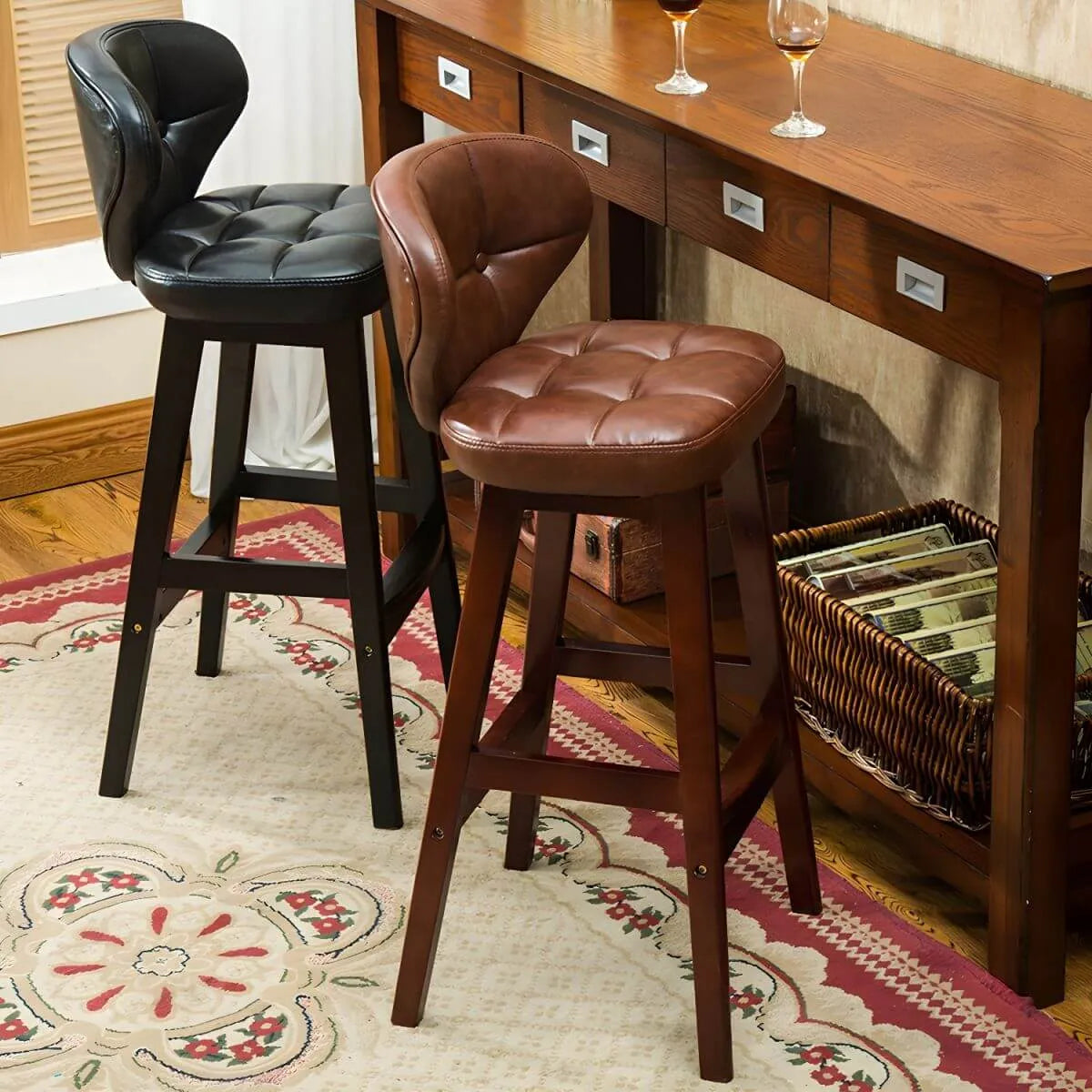 Tufted Leather Bar Stool with Low Curved Back and X-Brace Wood Legs Main Product Image