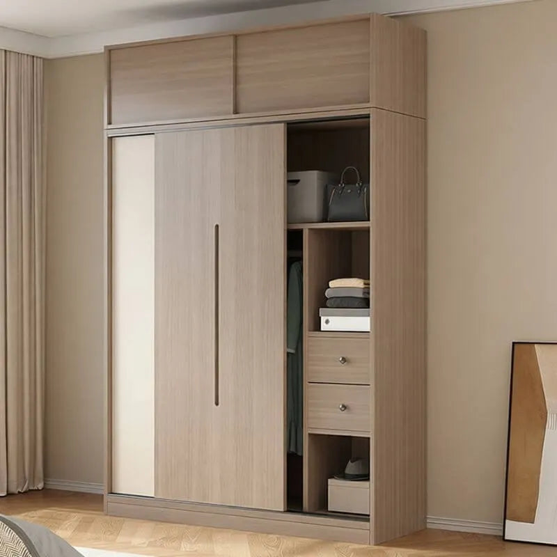 Two-Tone Sliding Door Wardrobe Armoire With Drawers and Shelves