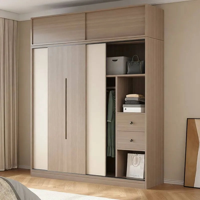Two-Tone Sliding Door Wardrobe Armoire With Drawers and Shelves