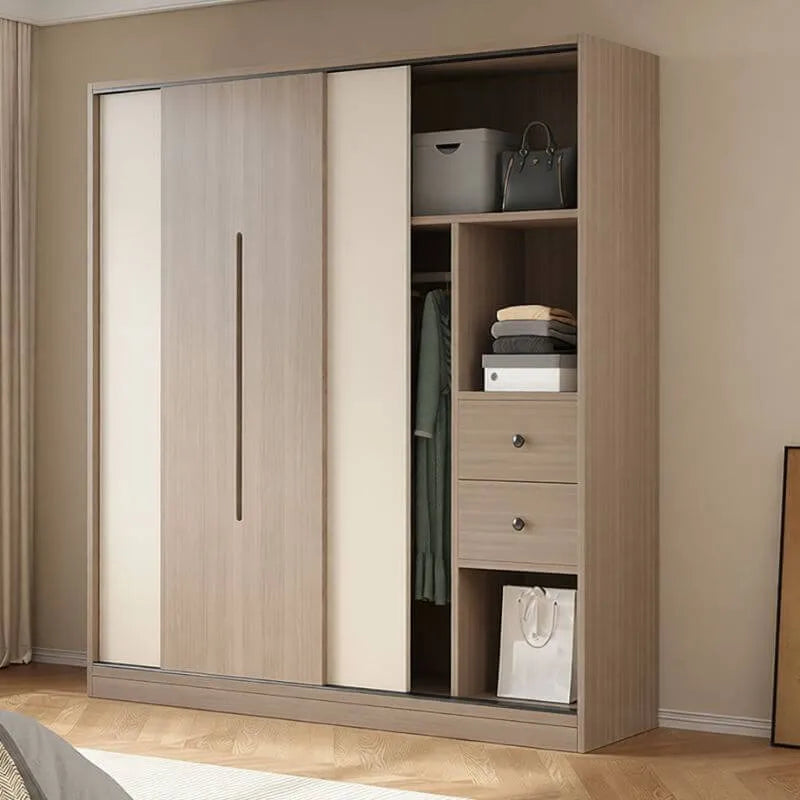 Two-Tone Sliding Door Wardrobe Armoire With Drawers and Shelves