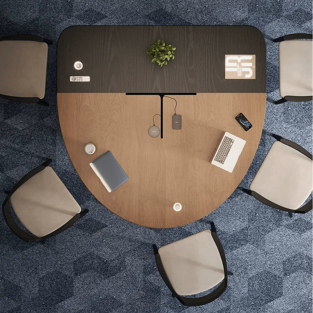 Two-Tone Solid Wood Conference Table with Fluted Pedestal and Cable Management