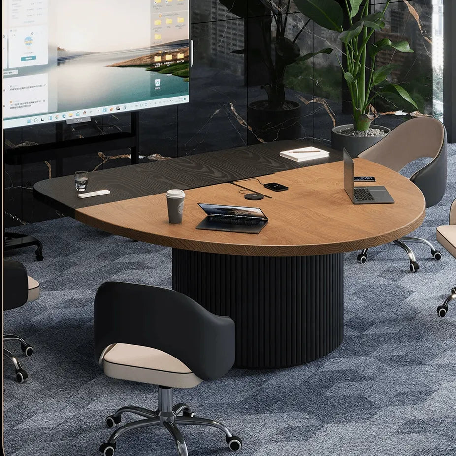 Two-Tone Solid Wood Conference Table with Fluted Pedestal and Cable Management Main Product Image