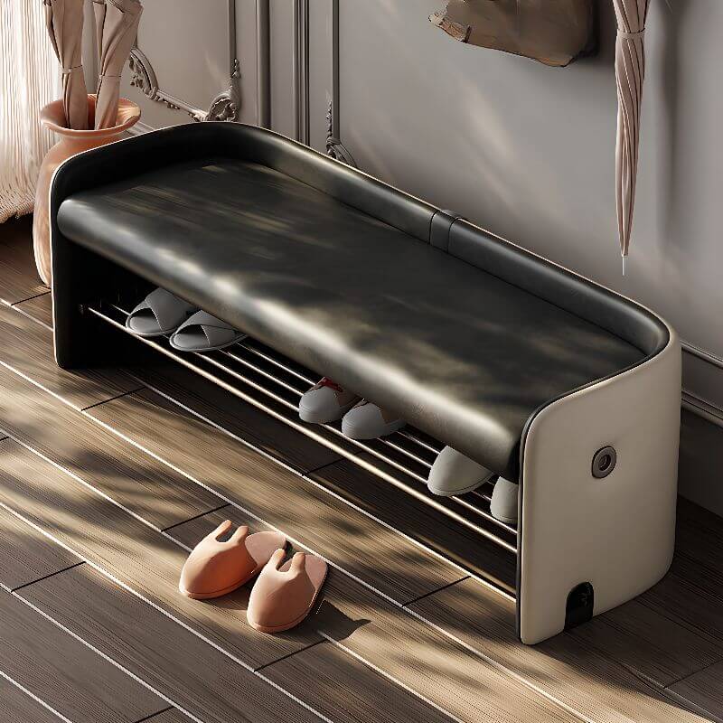 Two-Tone Upholstered Shoe Bench with Storage Shelf and Minimalist Modern Design
