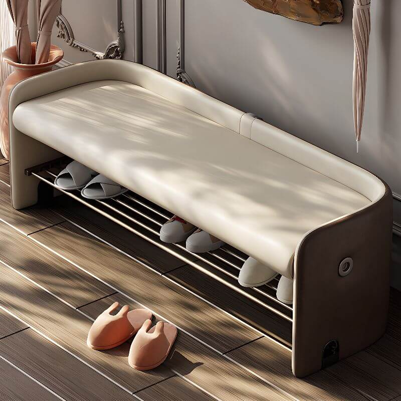 Two-Tone Upholstered Shoe Bench with Storage Shelf and Minimalist Modern Design