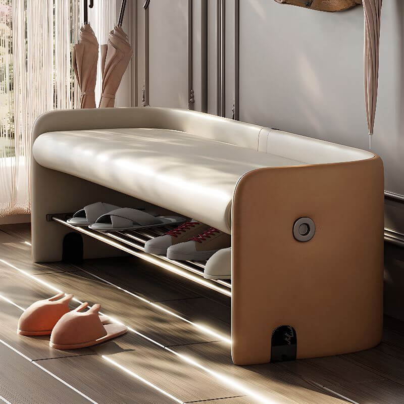 Two-Tone Upholstered Shoe Bench with Storage Shelf and Minimalist Modern Design