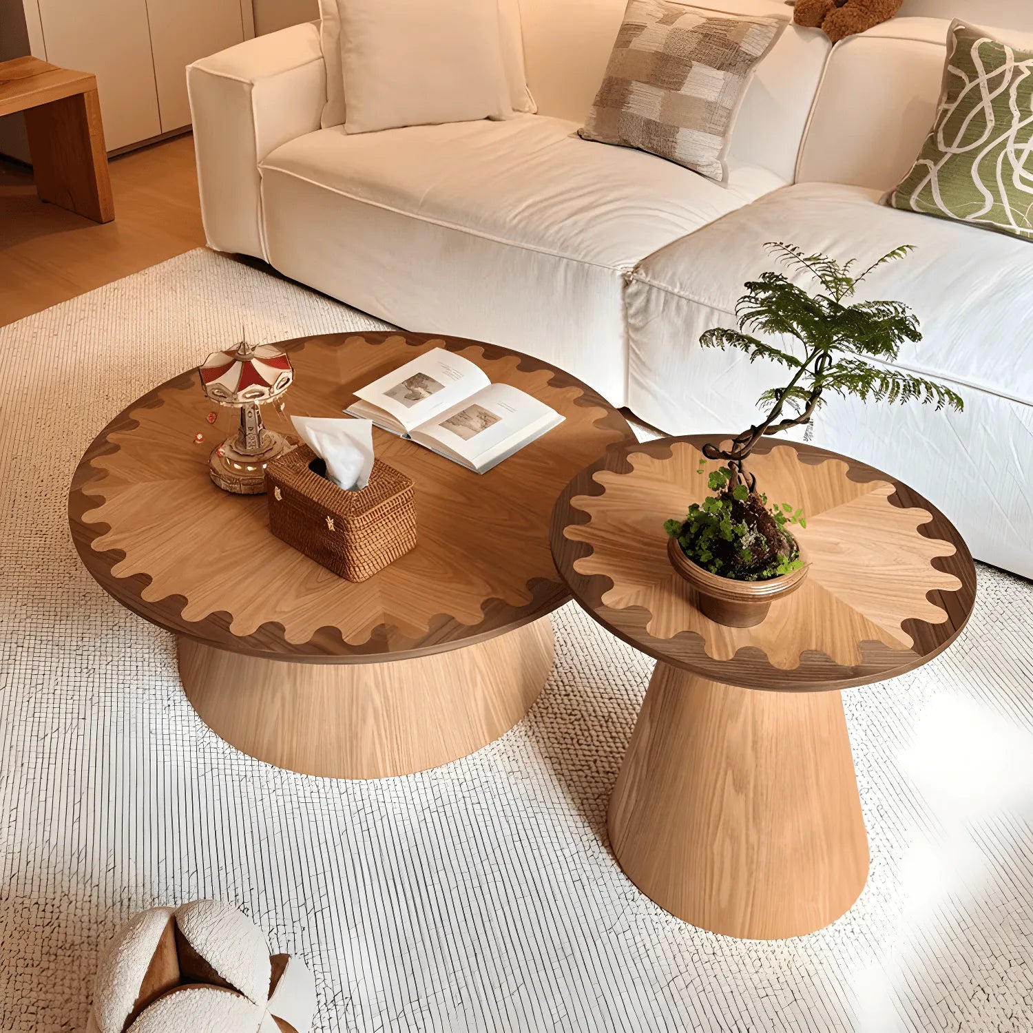 Two-Tone Wood Pedestal Coffee Table Set With Sculptural Wave Edge