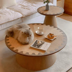Two-Tone Wood Pedestal Coffee Table Set With Sculptural Wave Edge