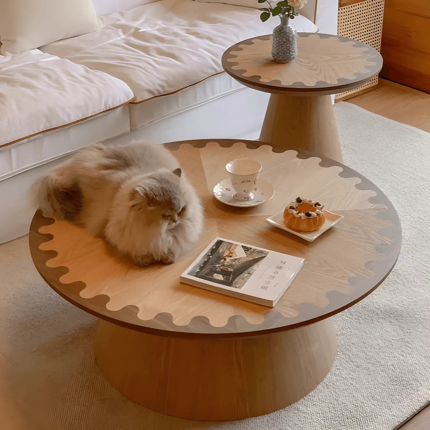 Two-Tone Wood Pedestal Coffee Table Set With Sculptural Wave Edge