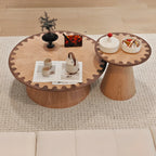 Two-Tone Wood Pedestal Coffee Table Set With Sculptural Wave Edge