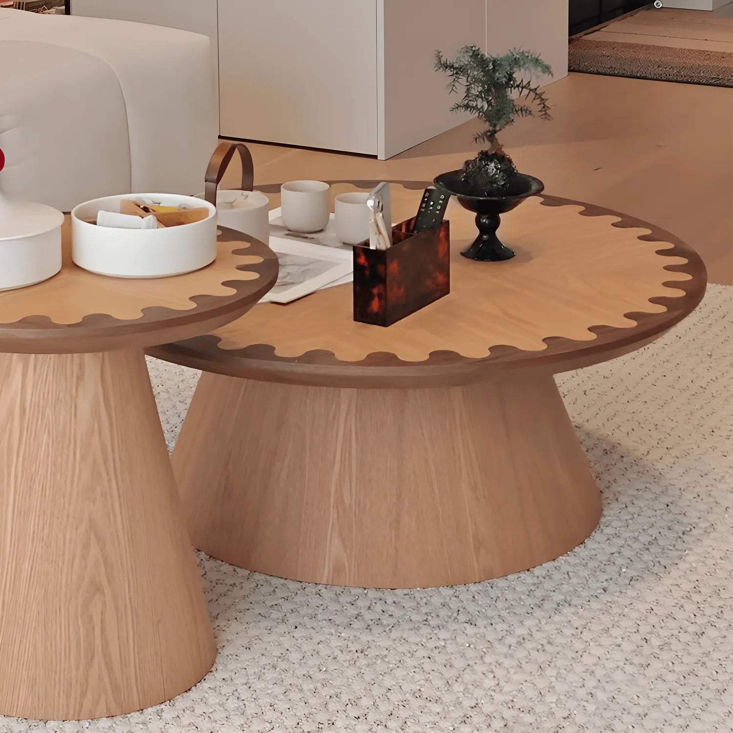 Two-Tone Wood Pedestal Coffee Table Set With Sculptural Wave Edge