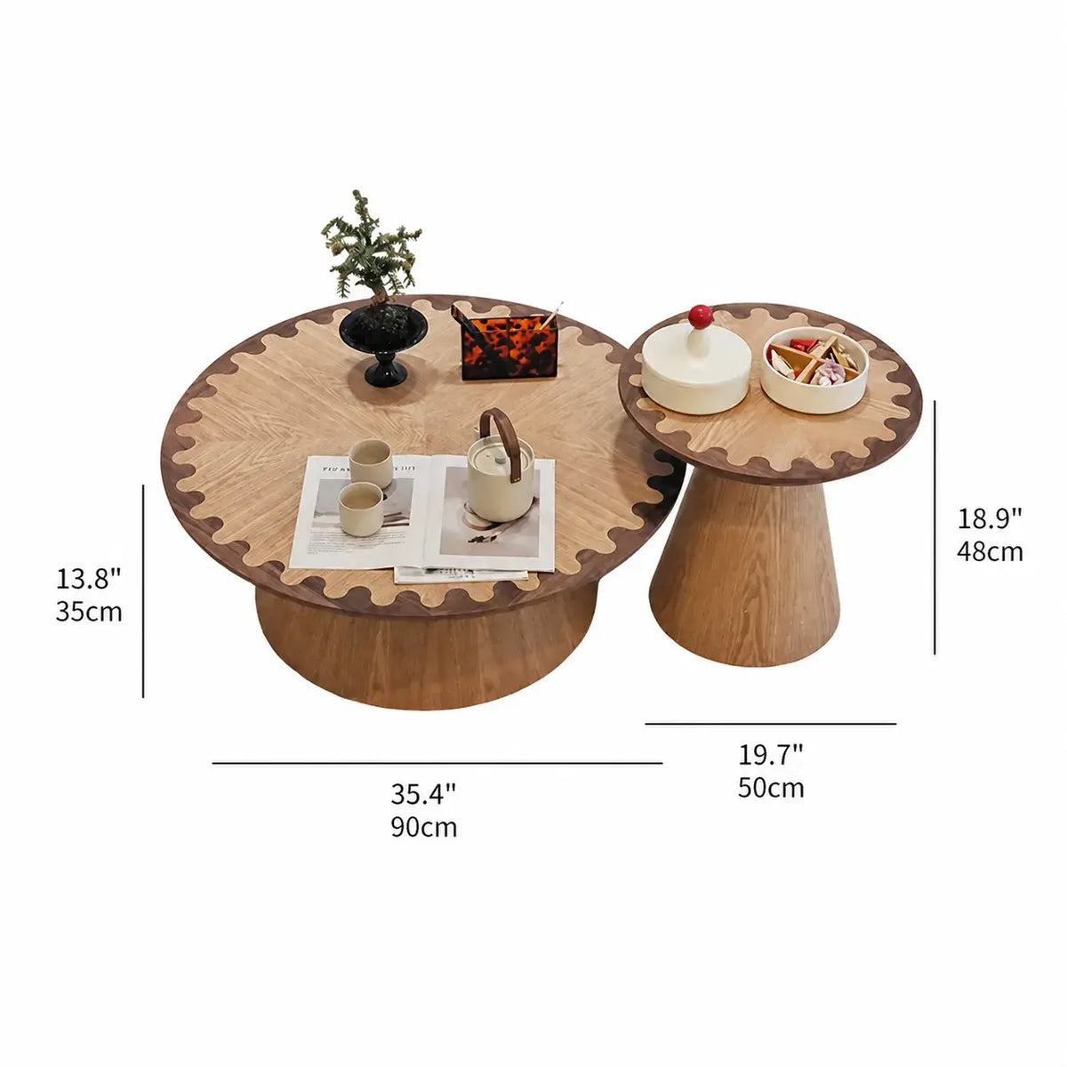Two-Tone Wood Pedestal Coffee Table Set With Sculptural Wave Edge Dimensions